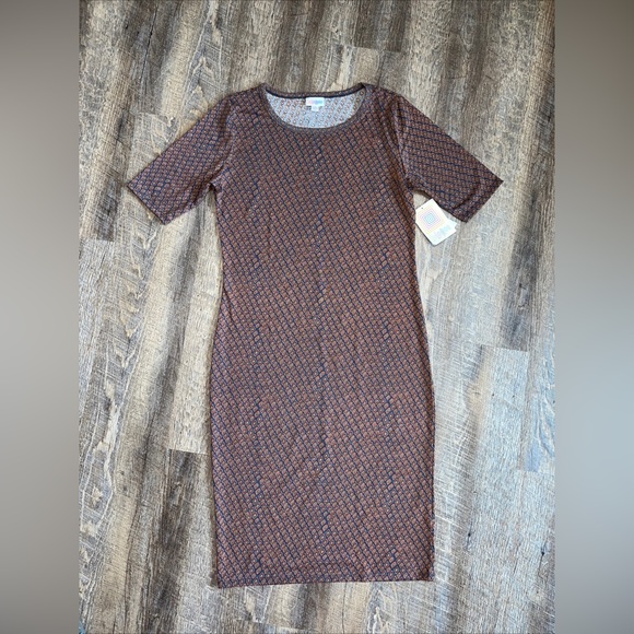 Lularoe Julia Sheath Dress Medium Midi NWT Navy, Rust, Orange - Picture 1 of 3